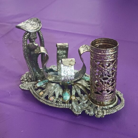 Vintage 60s Sam Fink Vanity Organizer Silver Tone Filigree with Rhinestones MCM - Picture 5 of 15